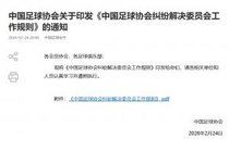 中国足协印发《中国足球协会纠纷解决委员会工作规则》